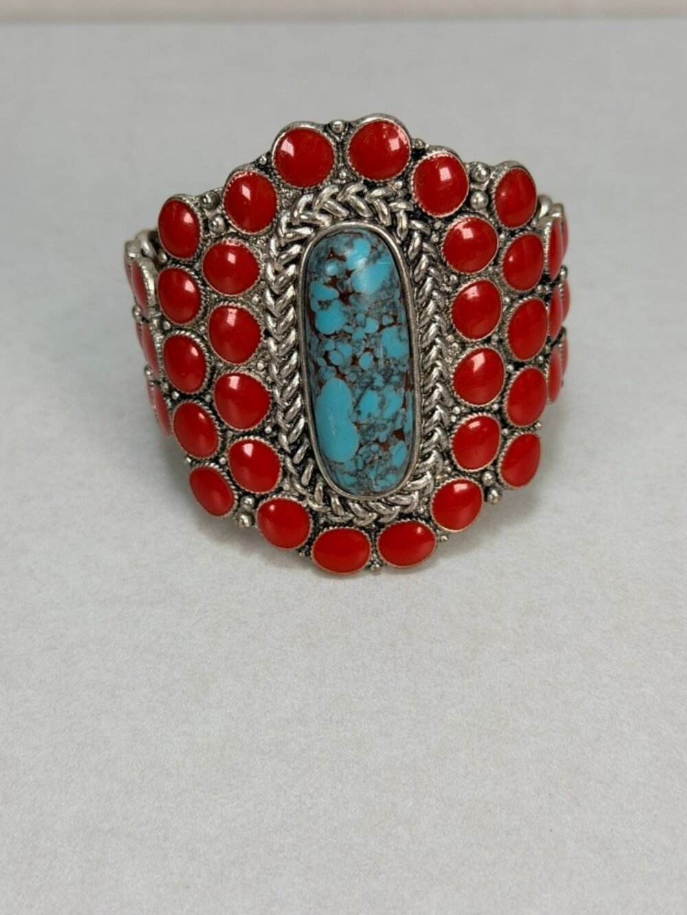 Vintage Western Style Stretch Bracelet Faux Coral Turquoise Cabochon Statement